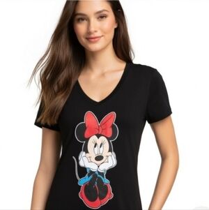 Disney Minnie Mouse V Neck Short Sleeve Black T Shirt Size Large